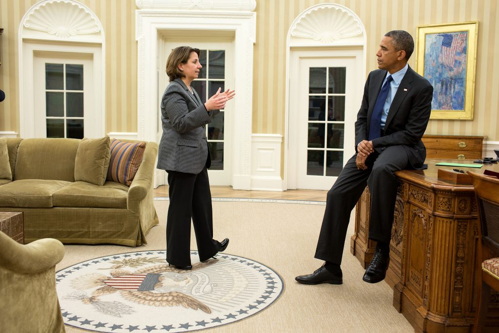 Lisa Monaco, Assistant to the President for Homeland Security and Counterterrorism, updates President Barack Obama on the Boston Marathon bombing investigation, April 19, 2013. Photo via The White House.